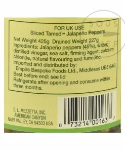 Mezzetta Ingredients Sliced Tamed Jalapeno Peppers 425g Net