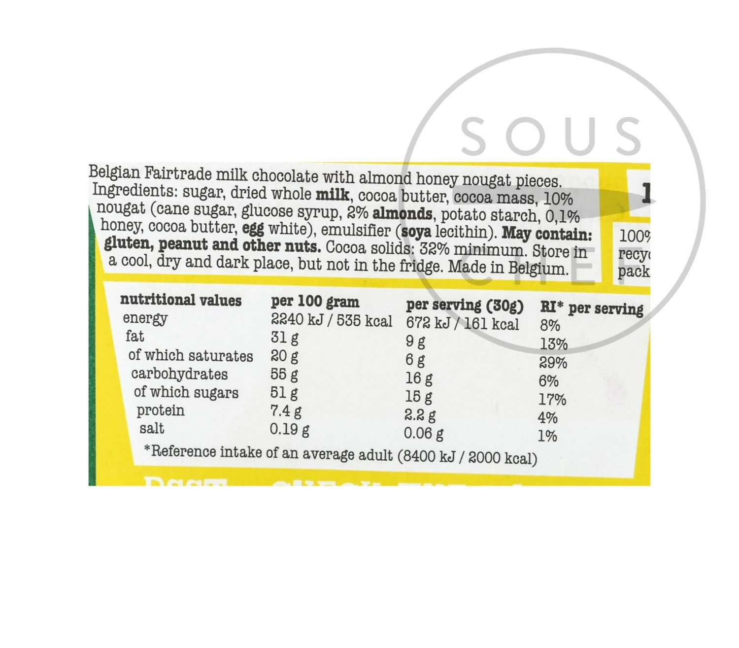 Tony's Chocolonely Milk Chocolate With Almond, Honey & Nougat 180g Ingredients 4 Tony's Chocolonely Milk Chocolate With Almond, Honey & Nougat 180g Ingredients