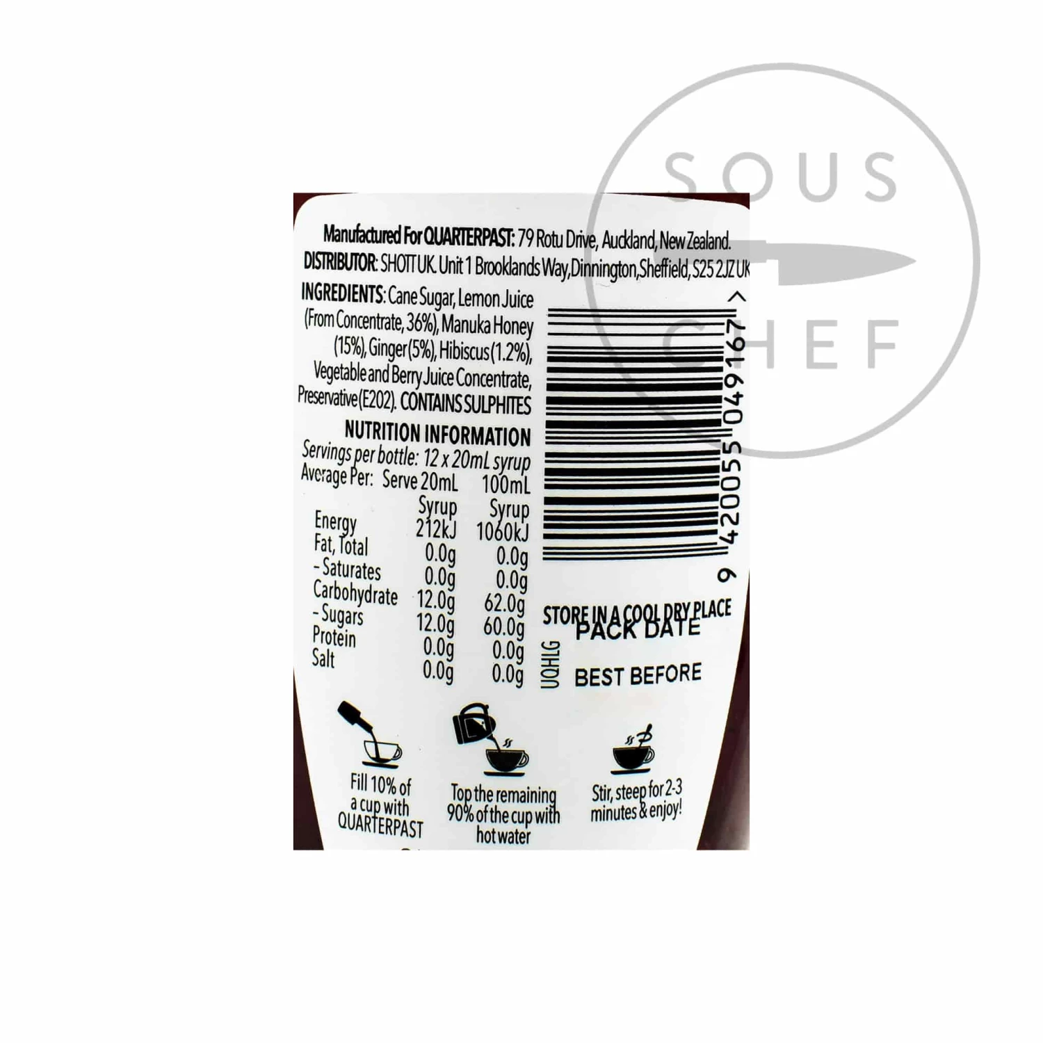 Quarterpast Hibiscus Ginger & Manuka Honey Real Fruit Infusion 250ml Ingredients 4 Quarterpast Hibiscus Ginger & Manuka Honey Real Fruit Infusion 250ml Ingredients
