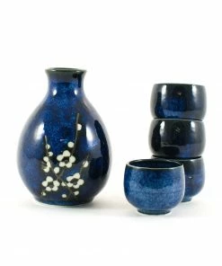 Kiji Stoneware & Ceramics Missing 1 Cup Blue Sakura Sake Set
