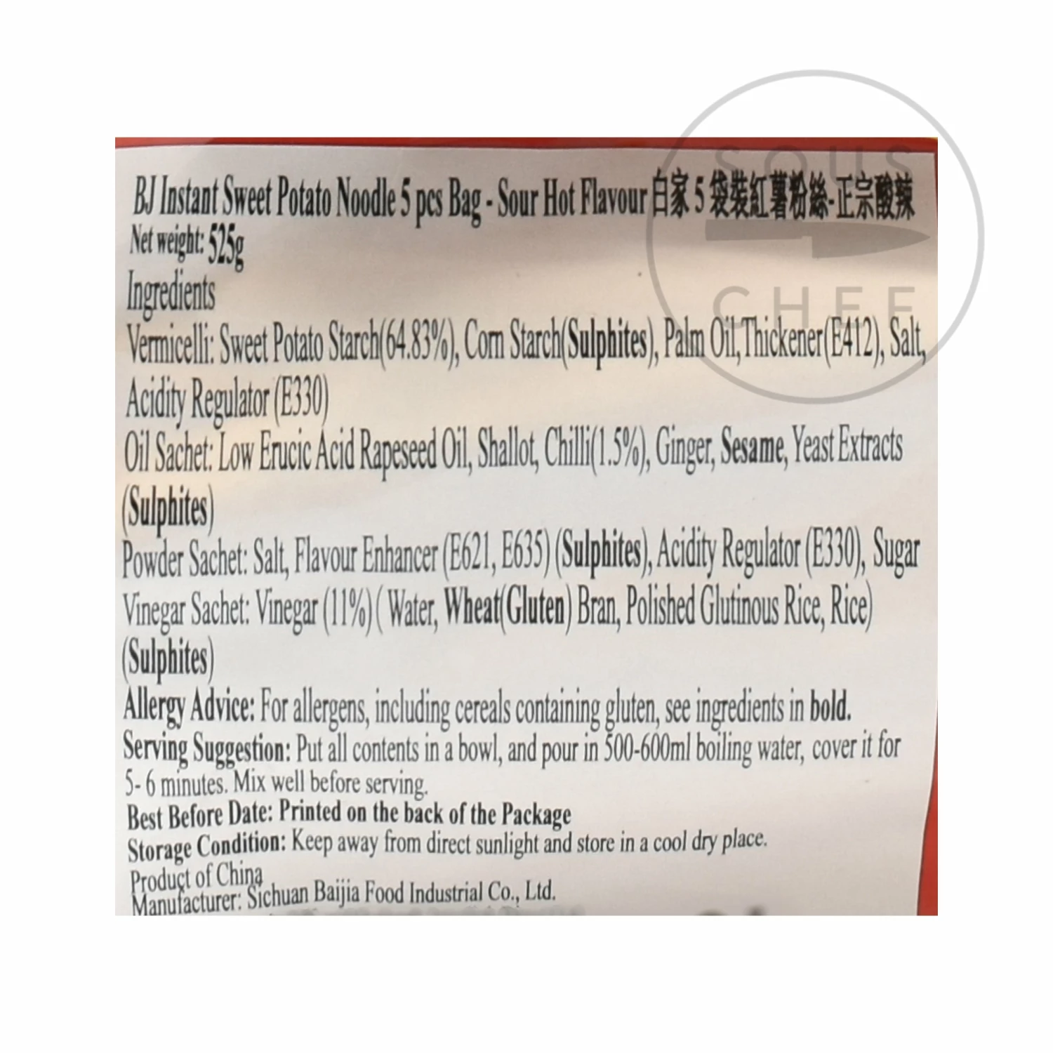 BJ Instant Potato Vermicelli Noodles - Sour Hot 5 Packs 525g Ingredients 4 BJ Instant Potato Vermicelli Noodles - Sour Hot 5 Packs 525g Ingredients